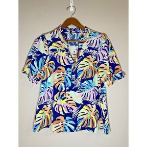 Michelle McDowell Top NWOT Womens SMALL Tropical‎ Leaf Ruffle V-Neck 3 Button